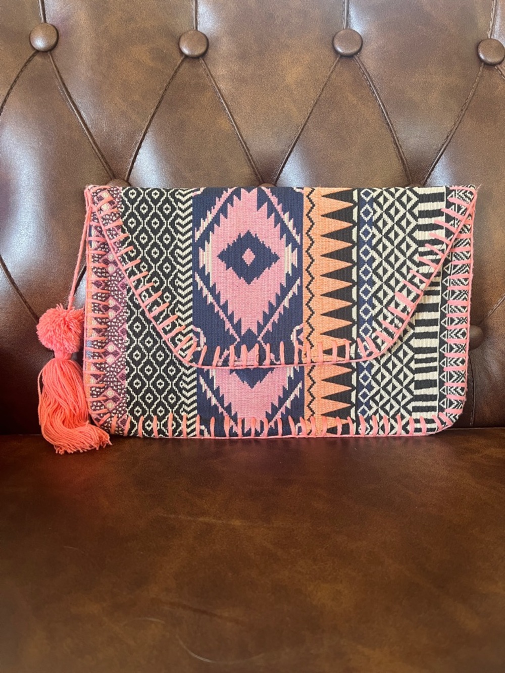 Boho Aztec Tassel Clutch - Coral, Navy & Cream